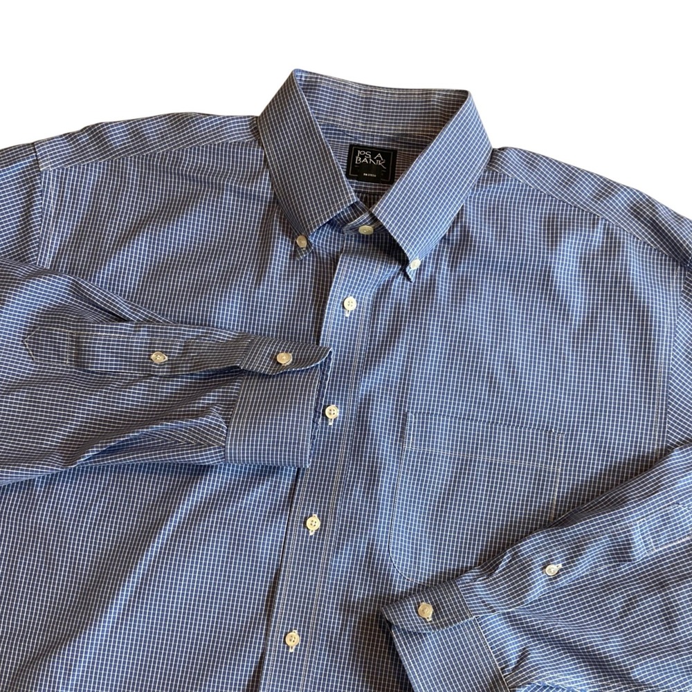 Jos. A. Bank Traveler Mens 17-34 XL Blue White Micro Check Button Down Preppy